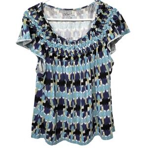 Kim Rogers Ikat Print Top Womens XL Blue Yellow Cotton Pleated Flutter Sleeve